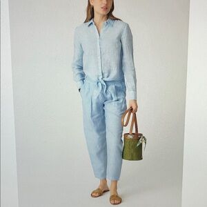 120% Lino Outfit Tie Front Shirt w/ The Alessa Boyfriend Pant Blue Size Small